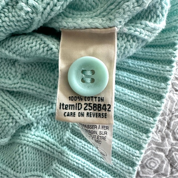 L.L. Bean Cable Knit Cotton Cardigan Sweater Light Aqua Blue Mint Size L - Picture 7 of 10